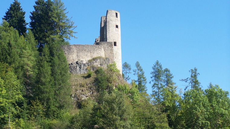 An old castle on a hill, surrounded by green trees. The sky is clear and blue.