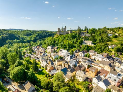 Eine malerische Landschaft mit einem kleinen Dorf und vielen grünen Bäumen. Im Hintergrund steht eine alte Burg auf einem Hügel.