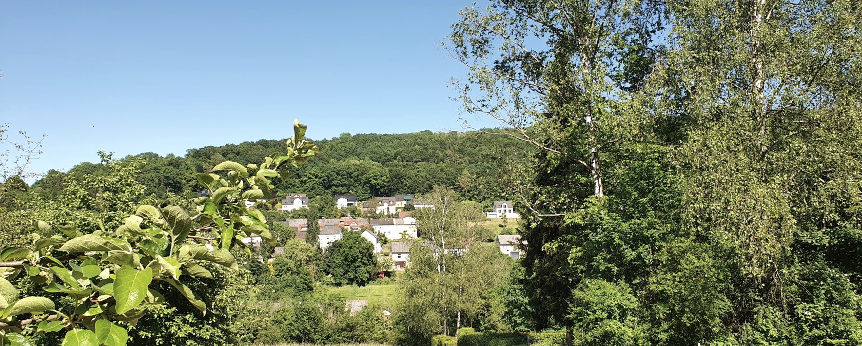 Blick auf das Dorf H&uuml;ttingen, eingebettet in gr&uuml;ne Landschaft mit B&auml;umen und Wiesen unter klarem, blauem Himmel., &copy; TI Bitburger Land