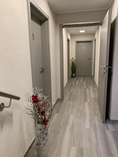 Ein moderner Flur mit mehreren Türen und grauem Boden. An einer Wand steht eine dekorative Vase mit roten Blüten.