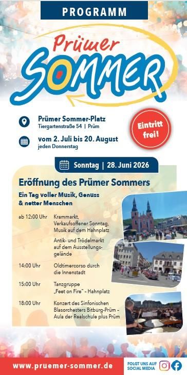 Ein farbenfrohes Programm für das Event "Prümer Sommer" mit verschiedenen Aktivitäten und einem Zeitplan. Das Event findet auf dem Prüm Sommer-Platz statt und bietet Spaß für die ganze Familie.