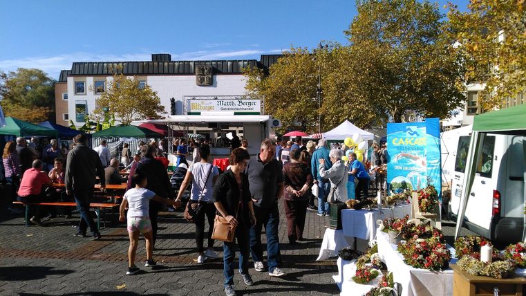 Een levendige markt met veel bezoekers en kleurrijke kraampjes. Op de achtergrond zijn bomen en stands met verschillende producten te zien.