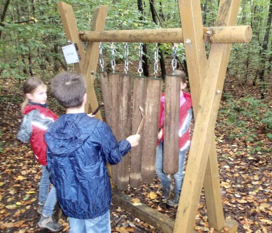 Kinder spielen an einer h&ouml;lzernen Klangstation im Wald. Sie tragen Regenjacken und stehen auf einem mit Bl&auml;ttern bedeckten Boden., &copy; Tourist-Information Bitburger Land