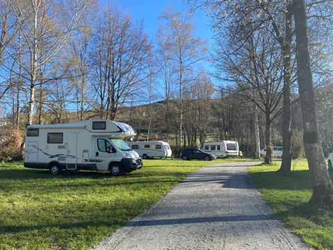 Un site de camping avec des camping-cars dans un environnement verdoyant. Les arbres en arrière-plan et le ciel dégagé créent une atmosphère accueillante.