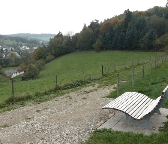 Een gebogen houten bank staat op een heuvel die uitkijkt over Mettendorf, omringd door groene weiden en bomen., &copy; Felsenland S&uuml;deifel Tourismus GmbH, Christian Calonec-Rauchfuss