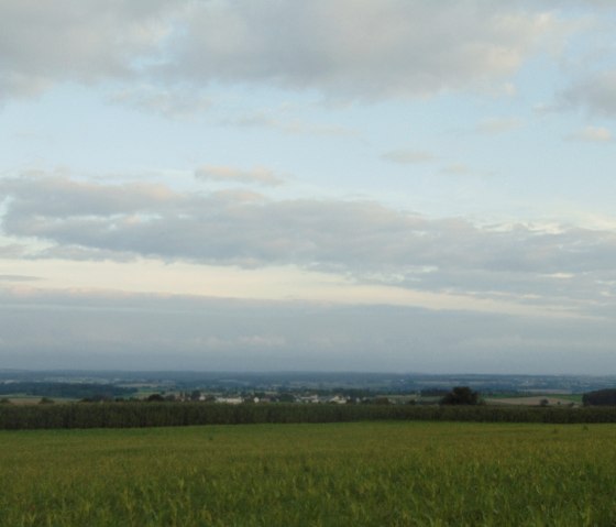 Weids landschap met groene velden en een bewolkte lucht. Op de achtergrond zijn heuvels en bossen te zien., &copy; Conny Meier