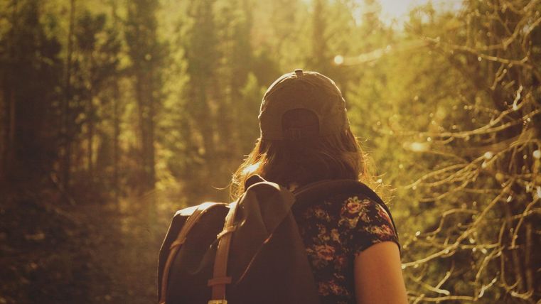 Eine Person mit Rucksack steht in einem Wald. Die Sonne scheint durch die Bäume und schafft eine warme Atmosphäre.