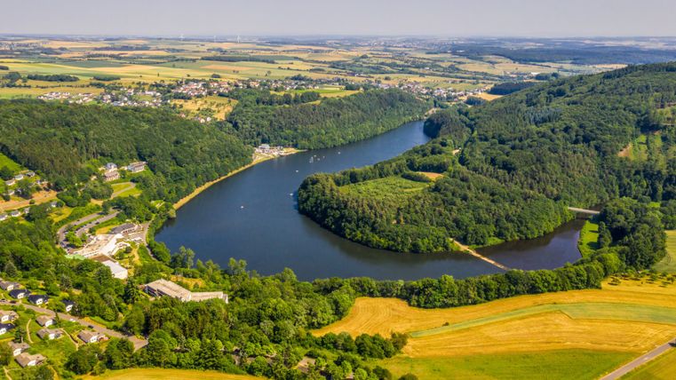 Luftaufnahme des Stausees Biersdorf umgeben von Wäldern und Feldern.