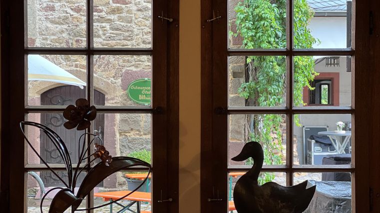 Een mooi uitzicht uit een raam met rustieke houten kozijnen. Op de vensterbank staan een bloempsculptuur en een eendfiguur.