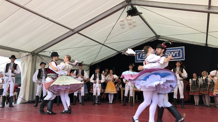 A group of dancers in traditional costumes performs a folk dance on a stage. In the background, more dancers and musicians can be seen.