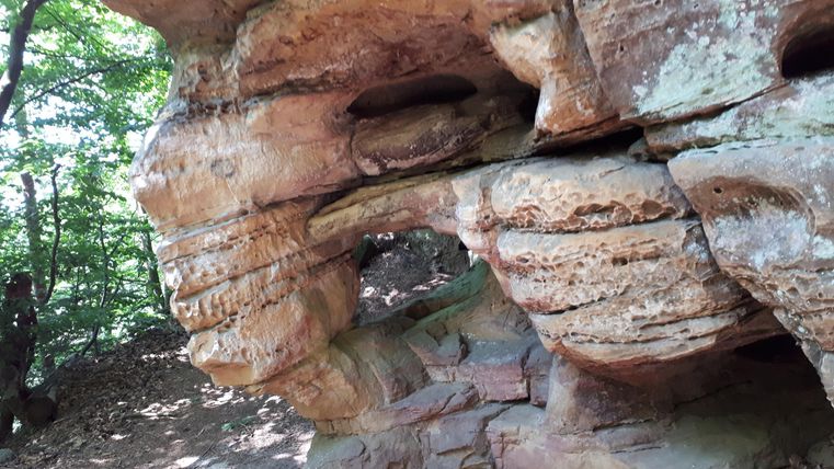 Eine beeindruckende Felsformation mit ausgeprägten Schichten. Der Bereich ist von Wald umgeben und zeigt natürliche Schönheit.