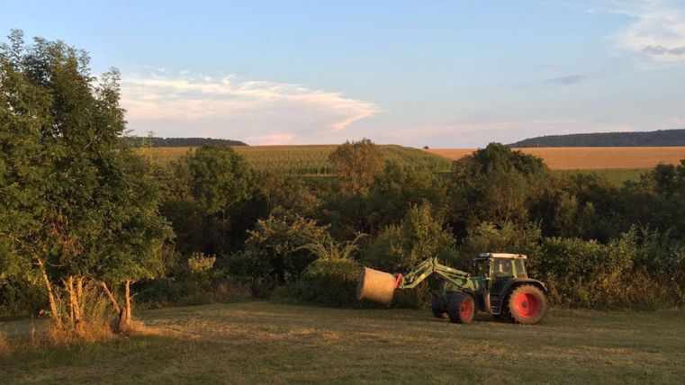 A tractor is working in a field at sunset. In the background, there are trees and gentle hills visible.