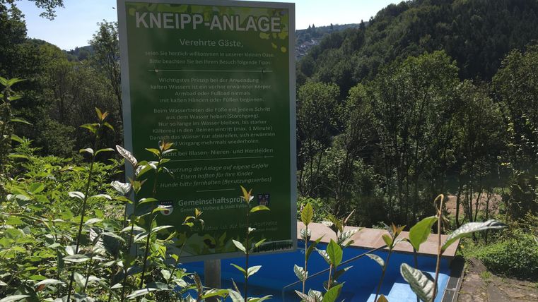 A Kneipp facility in nature with an informational sign in the background. Surrounded by trees and a blue foot basin.
