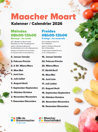 Ein Kalender für den Maacher Moart mit den Öffnungszeiten für montags und freitags. Die Liste zeigt die Daten von Januar bis Dezember 2026.