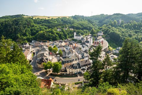 A picturesque town surrounded by green hills and forests. The houses are arranged in various colors and styles, creating a charming picture.