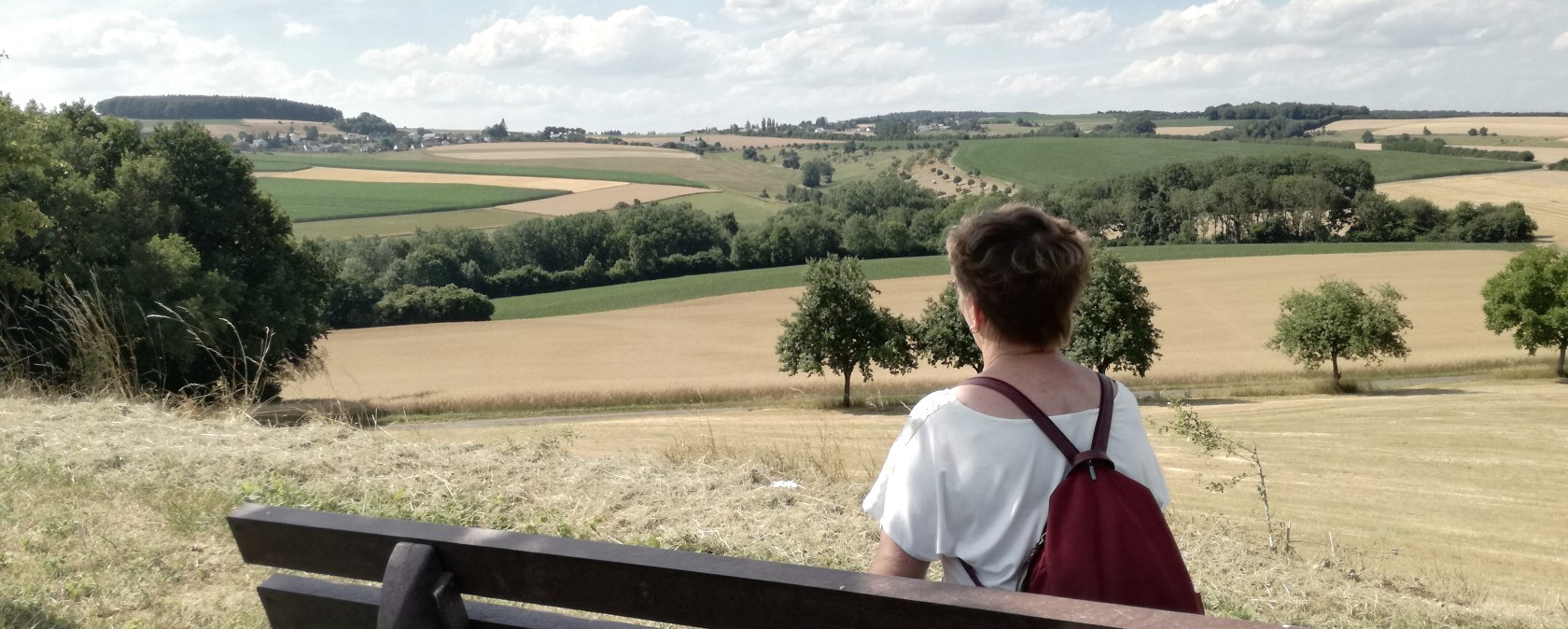 Une personne portant un sac &agrave; dos rouge est assise sur un banc et contemple un vaste paysage de champs et d'arbres sous un ciel bleu., &copy; TI Bitburger Land