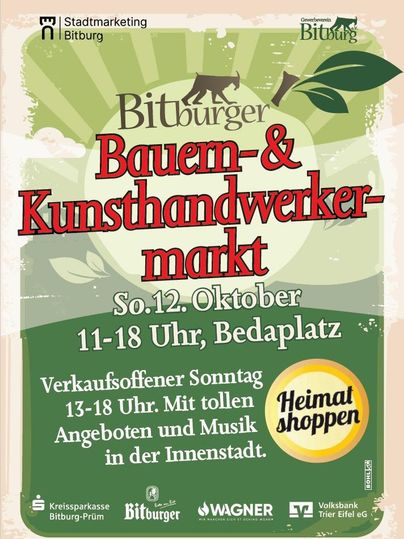 Een poster voor de boeren- en ambachtsmarkt in Bitburg. De markt vindt plaats op zondag 12 oktober van 11 tot 18 uur, met speciale aanbiedingen en muziek.