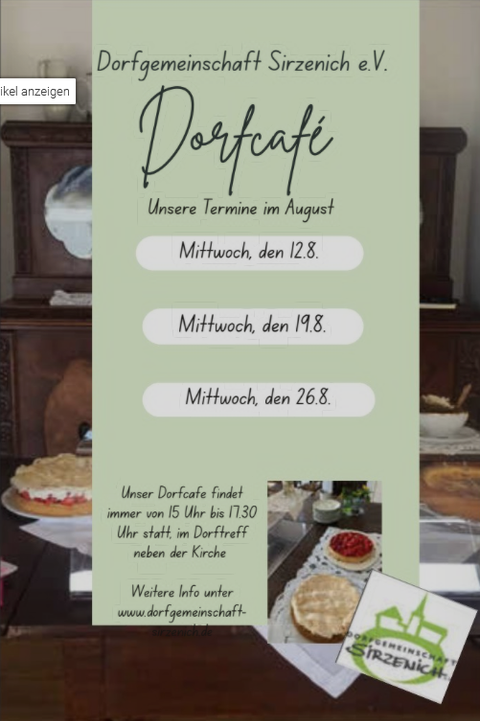 Ein Flyer für das Dorfcafé der Dorfgemeinschaft Sirzenich e.V. zeigt Termine im Oktober. Er kündigt wöchentliche Treffen und eine kurze Pause während der Herbstferien an.