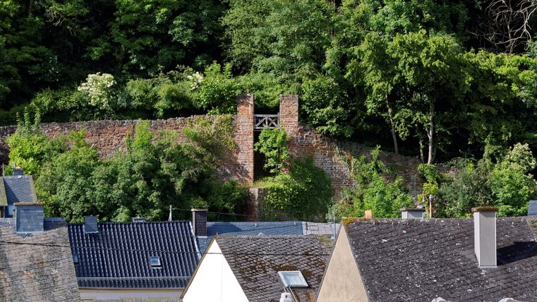 Een groene hellinglandschap met oude muurrestanten is te zien. De daken van de omliggende huizen liggen op de voorgrond.