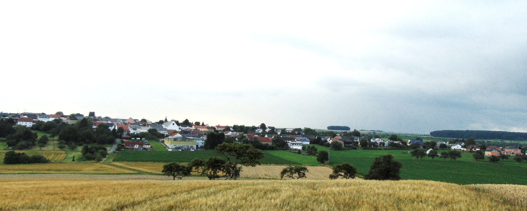 Weite Landschaft mit goldenen Getreidefeldern im Vordergrund und einem Dorf im Hintergrund unter einem bew&ouml;lkten Himmel., &copy; Conny Meier