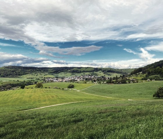 Vue panoramique sur Holsthum, entour&eacute;e de champs et de collines verdoyantes sous un ciel nuageux. Un sentier traverse le paysage., &copy; Felsenland S&uuml;deifel Tourismus, Anna Carina Krebs