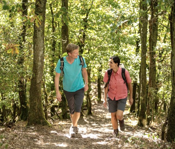 Zwei Wanderer gehen l&auml;chelnd auf einem Waldweg am L&auml;tgesberg, umgeben von dichtem, gr&uuml;nem Laub., &copy; Eifel Tourismus GmbH, D. Ketz