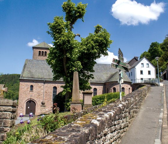 L'&eacute;glise St. Maximin &agrave; Kyllburg, entour&eacute;e d'un paysage verdoyant et d'habitations, par temps ensoleill&eacute;. Un chemin passe devant l'&eacute;glise., &copy; TI Bitburger Land