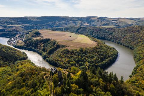 A picturesque landscape with gentle hills and a winding river. In the foreground is an old castle ruin, surrounded by colorful deciduous forest.