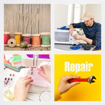 Une collection avec différentes activités artisanales. En haut, des bobines de fil colorées sont visibles, en bas, la couture et la réparation sont montrées.
