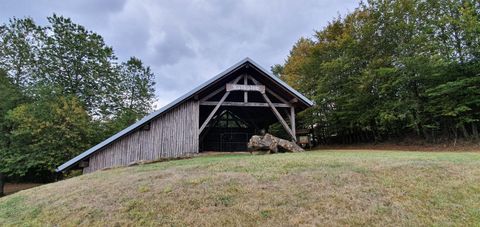 Ein großes, modernes Holzgebäude steht auf einer grünen Wiese. Im Hintergrund sind Bäume und bewölkter Himmel zu sehen.