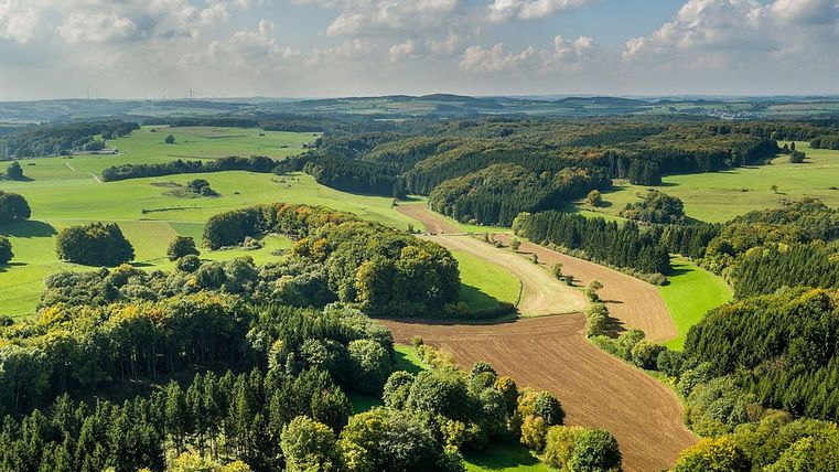 Een uitgestrekt landschap met zachte heuvels, bossen en weilanden. De lucht is blauw met enkele wolken.