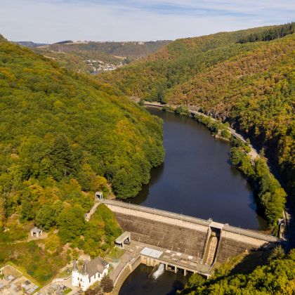 Luftaufnahme einer Talsperre in einem bewaldeten Tal mit einem Fluss.