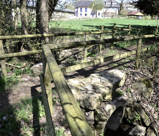 Houten balustrades en stenen boven een klein beekje, met een blauw huis en groene weide op de achtergrond., &copy; TI Bitburger Land