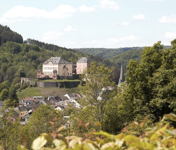 Schloss Malberg thront auf einem H&uuml;gel, umgeben von gr&uuml;nen W&auml;ldern und einem Dorf im Vordergrund. Der Himmel ist blau mit wenigen Wolken., &copy; TI Bitburger Land