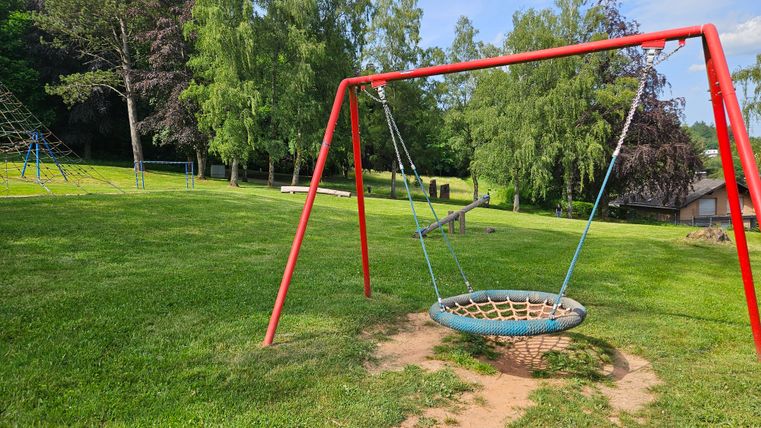 Een schommel in een groene park met bomen op de achtergrond. De lucht is blauw en het gras is goed onderhouden.