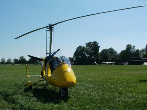 Ein gelbes Gyrocopter auf einer Wiese. Im Hintergrund sind Bäume und ein weiterer Luftfahrzeug zu sehen.