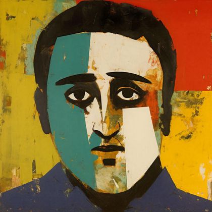Un portrait stylisé d'un homme avec des formes géométriques colorées. L'arrière-plan est dans des couleurs vives.