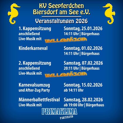 Affiche pour les événements du KV Seepferdchen Biersdorf am See e.V. en 2026. Elle montre les dates et les informations sur divers événements, y compris des concerts live et des manifestations de carnaval.