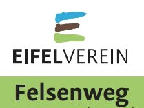 Eifelverein-logo met gestileerde rotsen en 'Felsenweg'-letters op een groene achtergrond., &copy; Eifelverein
