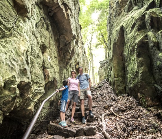Een gezin wandelt door de Devil's Gorge, omringd door hoge, met mos bedekte rotswanden en bomen.