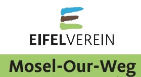 Logo des Eifelvereins mit bunten Strichen und dem Schriftzug 'Mosel-Our-Weg' auf gr&uuml;nem Hintergrund., &copy; Eifelverein