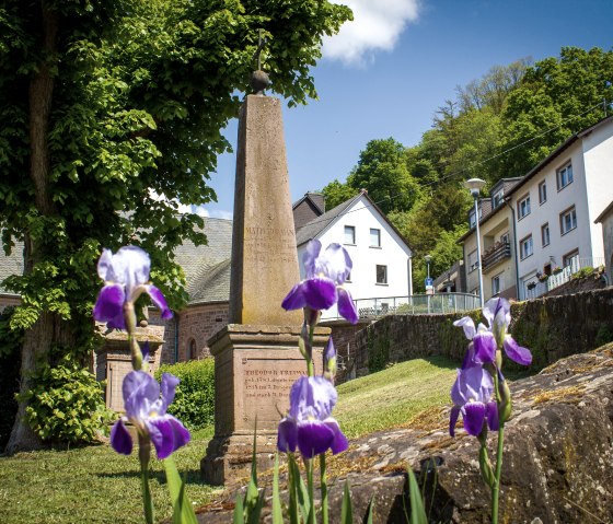Monument pr&egrave;s de l'&eacute;glise St. Maximin &agrave; Kyllburg, entour&eacute; de fleurs violettes. En arri&egrave;re-plan, on peut voir des arbres et des maisons., &copy; TI Bitburger Land
