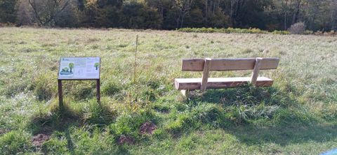 Een houten bankje en een informatiebord op een weiland in het natuurpark Zuid-Eifel.