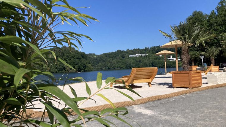 Een rustige plek aan het water met ligstoelen en palmbomen. De lucht is helder en blauw, perfect om te ontspannen.